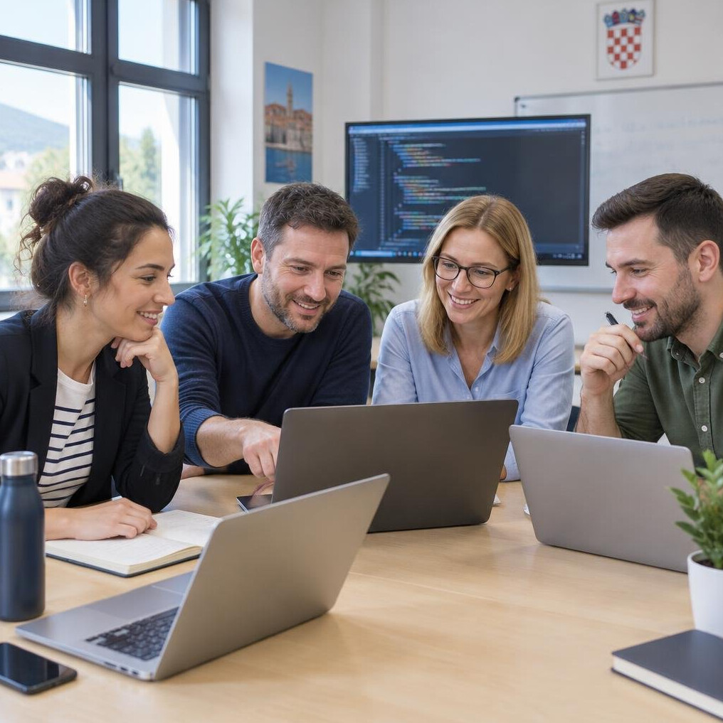 Group of adult students learning programming together in a bright classroom